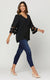 Women's Casual V Neck Blouse Shirt with 3/4 Bell Sleeve - Black