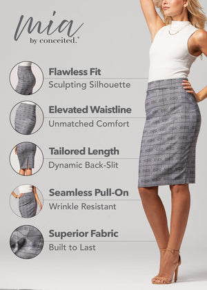 Mia High-Waisted Bodycon Midi Skirt with Back Slit - Plaid Grey