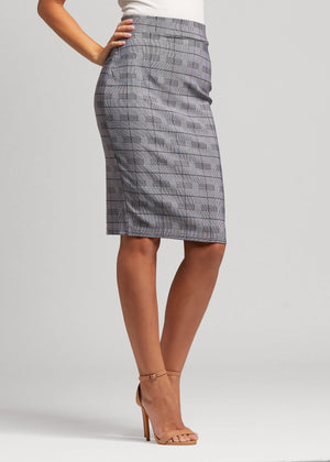 Mia High-Waisted Bodycon Midi Skirt with Back Slit - Plaid Grey