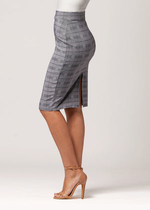 Mia High-Waisted Bodycon Midi Skirt with Back Slit - Plaid Grey