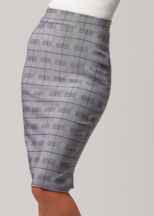 Mia High-Waisted Bodycon Midi Skirt with Back Slit - Plaid Grey