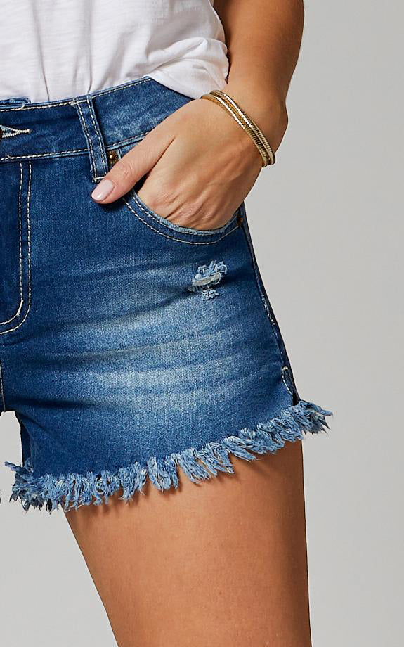 Zoe Zoe Mid Rise Denim Shorts Frayed for Women - Zoe-Deep Blue