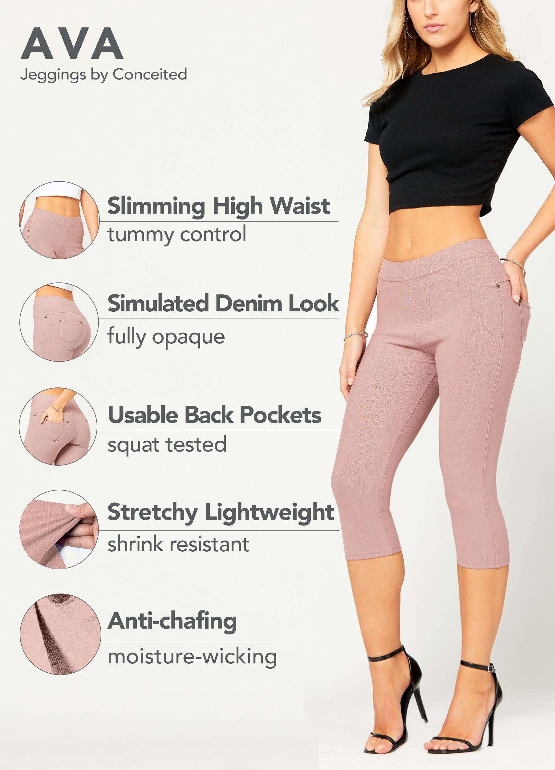 Women's New Mix Brand Capri Jeggings. - 1 Elastic Waistband - Pull-On  Styling - Two Functional Back Pockets - Soft, Smooth & Stretch Material - ONE  SIZE FITS MOST 0-14 - Inseam
