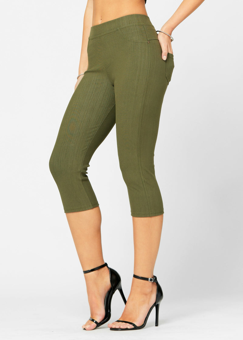 Ava Capri Length Premium Stretch Everyday Jeggings - Army Olive Green