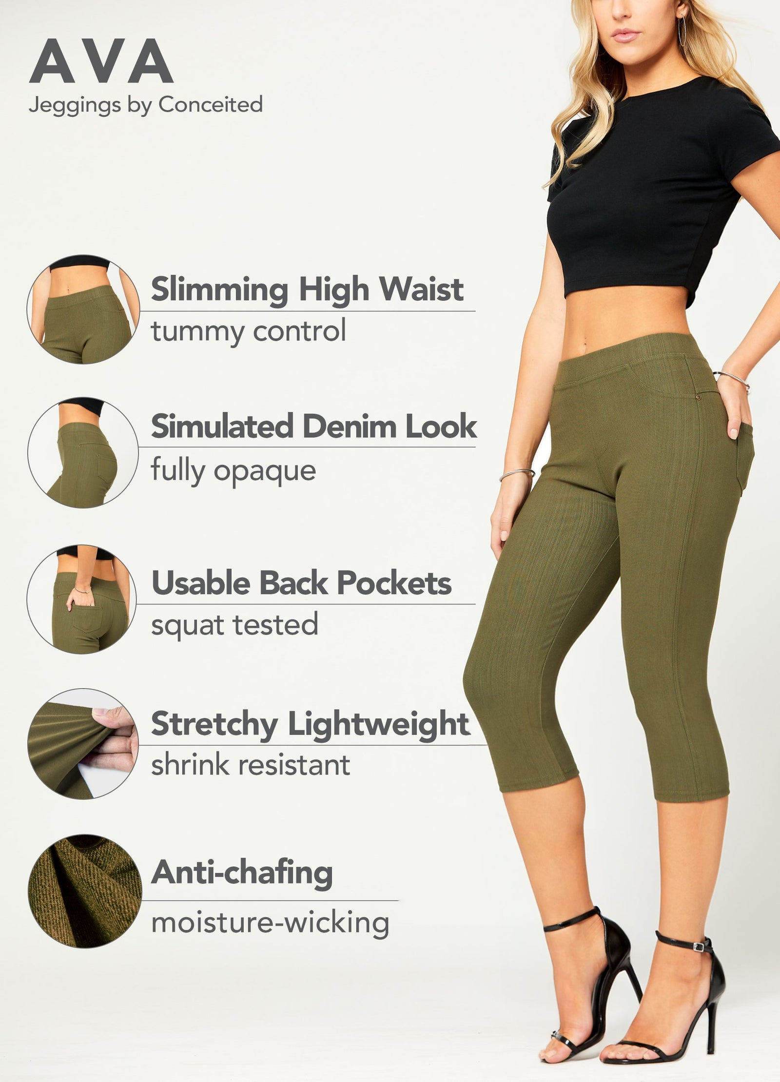 Ava Capri Length Premium Stretch Everyday Jeggings - Army Olive Green