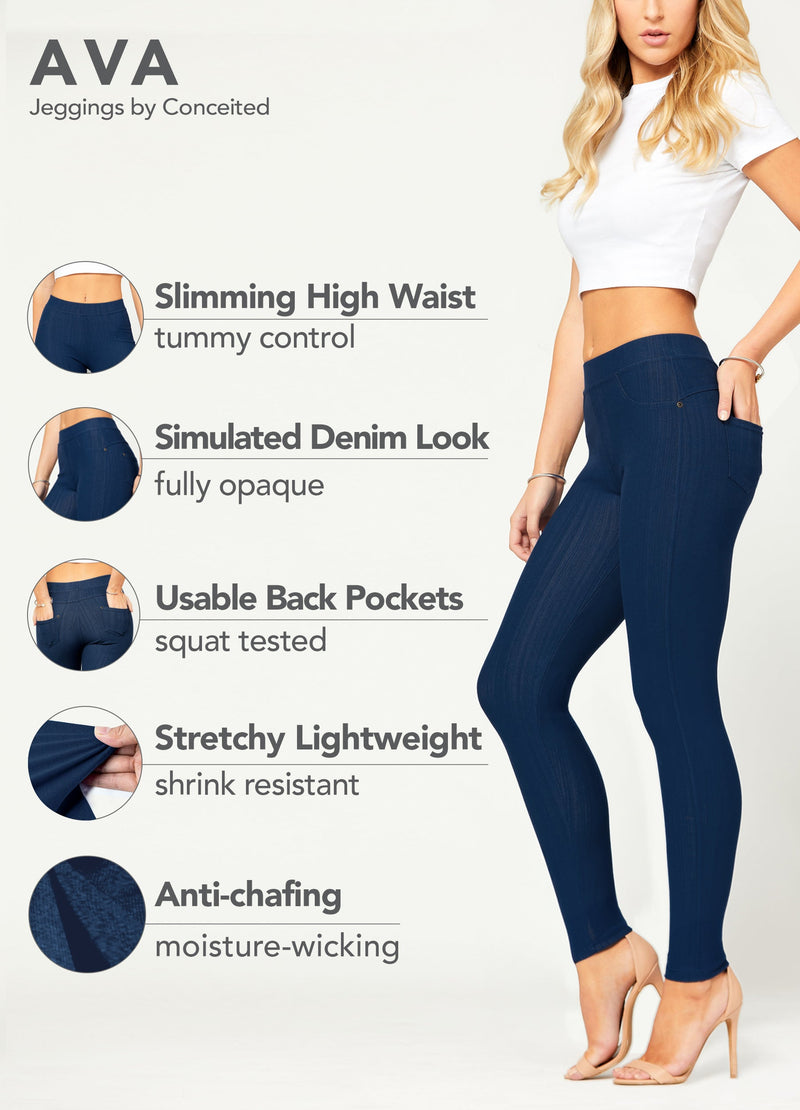 Ava Full Length Premium Stretch Everyday Jeggings - Denim Blue