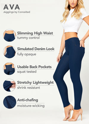 Ava Full Length Premium Stretch Everyday Jeggings - Denim Blue