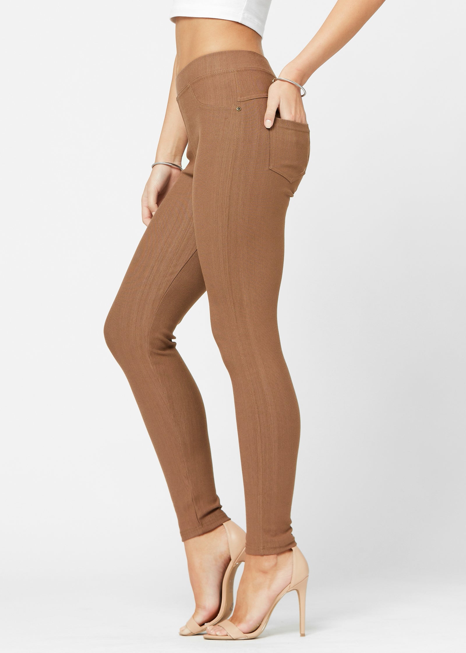 Women's High Waisted Jeggings - Premium Stretch Denim-Look Leggings, Cotton Blend (Brown, Size 12-18) - View #8