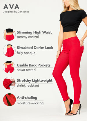 Ava Full Length Premium Stretch Everyday Jeggings - Red