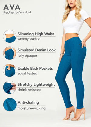 Ava Full Length Premium Stretch Everyday Jeggings - Teal Blue