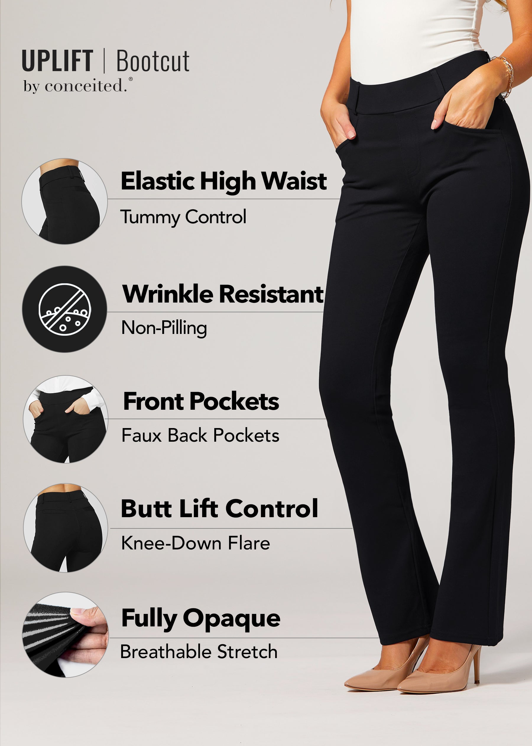 Conceited Premium Women's Stretch Dress Pants - Wear to Work - Ponte  Treggings - Slim Leg with Buttons - Black 