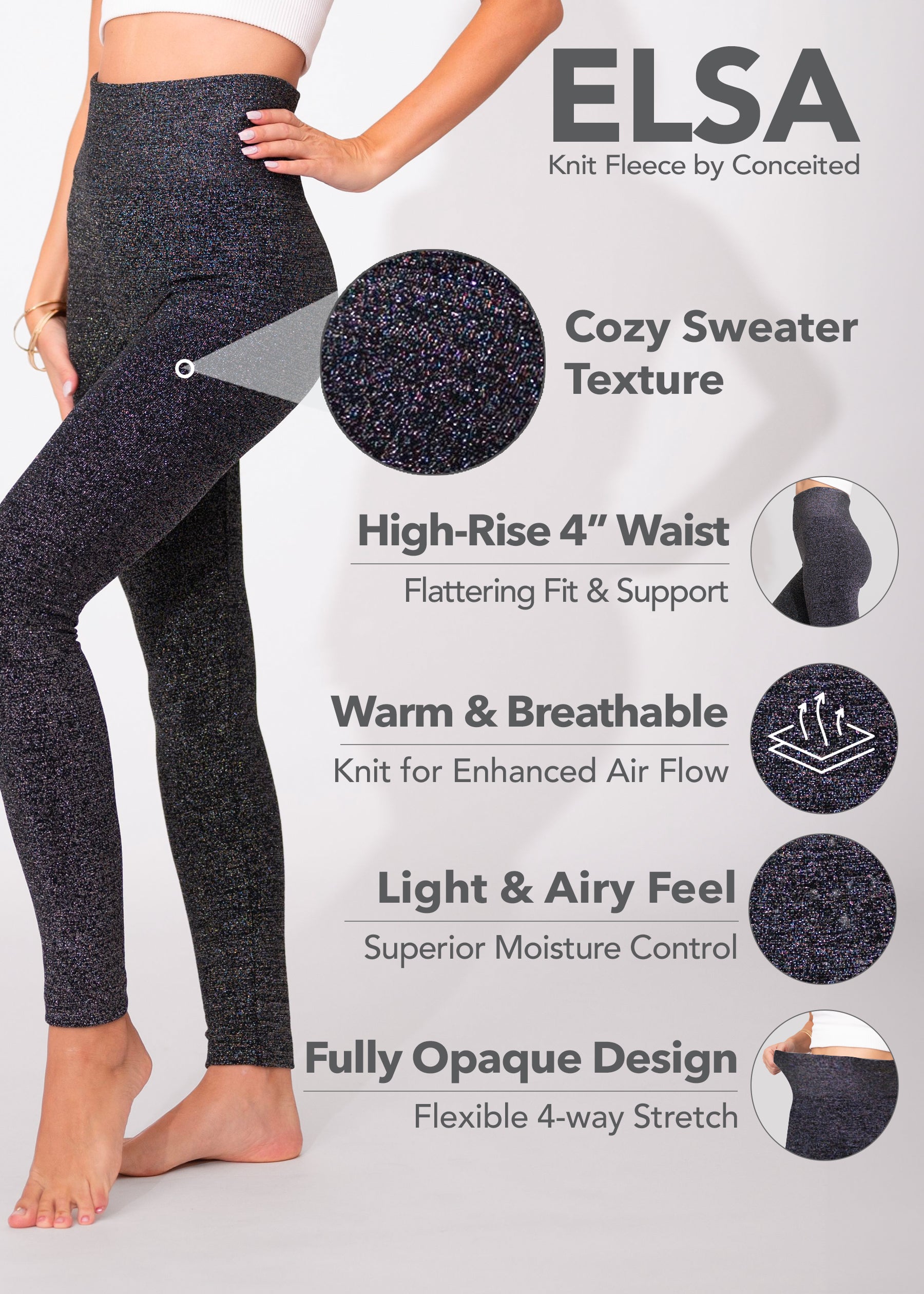 Elsa High Waisted Knit Fleece Lined Leggings - Winter Warm Leggings - Black Glitter
