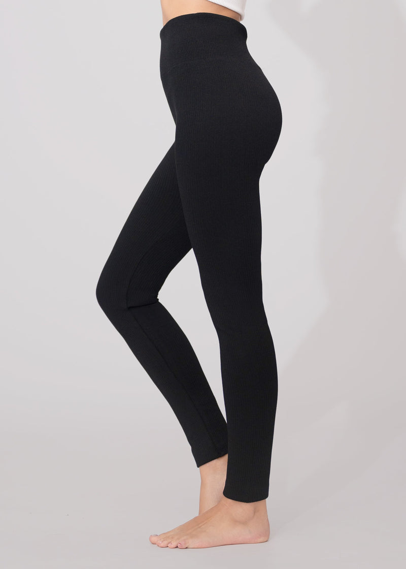 Elsa High Waisted Knit Fleece Lined Leggings - Winter Warm Leggings - Black Ribbed