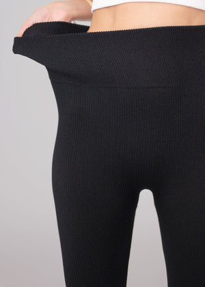Elsa High Waisted Knit Fleece Lined Leggings - Winter Warm Leggings - Black Ribbed
