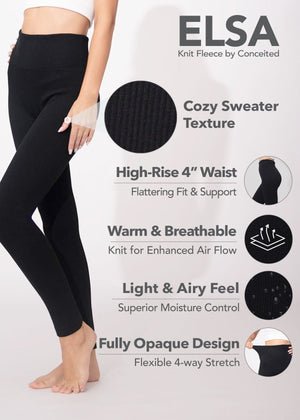 Elsa High Waisted Knit Fleece Lined Leggings - Winter Warm Leggings - Black Ribbed