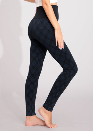 Elsa High Waisted Knit Fleece Lined Leggings - Winter Warm Leggings - Blue Plaid