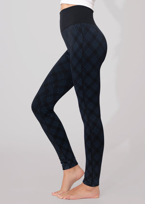 Elsa High Waisted Knit Fleece Lined Leggings - Winter Warm Leggings - Blue Plaid