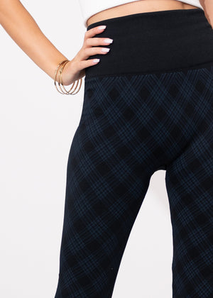 Elsa High Waisted Knit Fleece Lined Leggings - Winter Warm Leggings - Blue Plaid