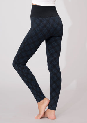 Elsa High Waisted Knit Fleece Lined Leggings - Winter Warm Leggings - Blue Plaid