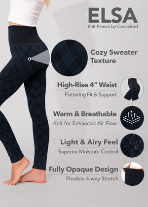 Elsa High Waisted Knit Fleece Lined Leggings - Winter Warm Leggings - Blue Plaid