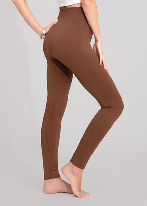 Elsa High Waisted Knit Fleece Lined Leggings - Winter Warm Leggings - Brown