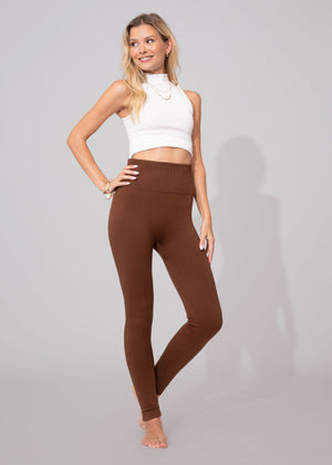 Elsa High Waisted Knit Fleece Lined Leggings - Winter Warm Leggings - Brown