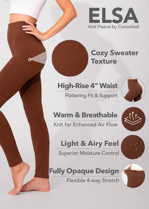 Elsa High Waisted Knit Fleece Lined Leggings - Winter Warm Leggings - Brown