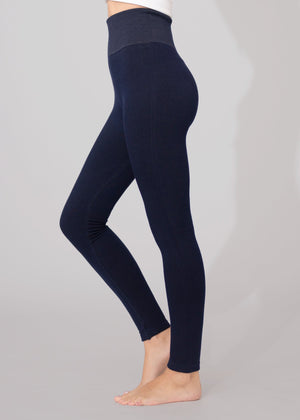 Elsa High Waisted Knit Fleece Lined Leggings - Winter Warm Leggings - Denim Blue