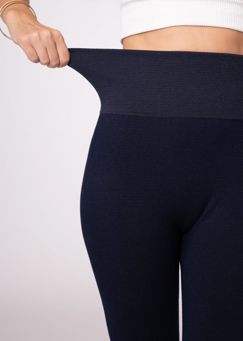 Elsa High Waisted Knit Fleece Lined Leggings - Winter Warm Leggings - Denim Blue