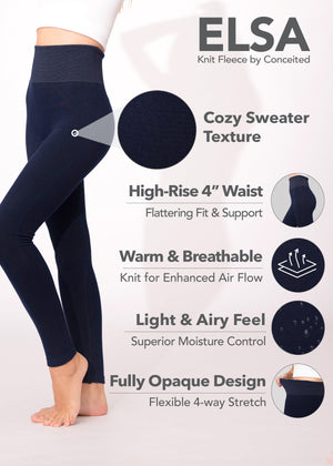 Elsa High Waisted Knit Fleece Lined Leggings - Winter Warm Leggings - Denim Blue