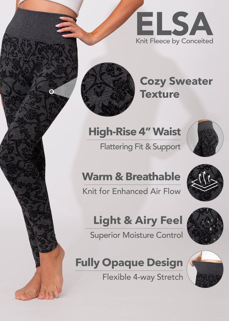 Elsa High Waisted Knit Fleece Lined Leggings - Winter Warm Leggings - Floral