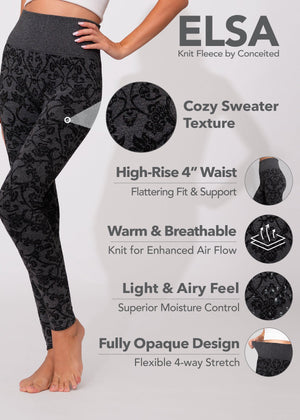 Elsa High Waisted Knit Fleece Lined Leggings - Winter Warm Leggings - Floral