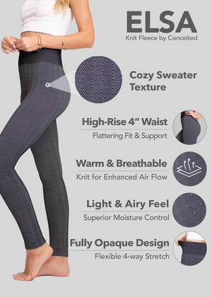 Elsa High Waisted Knit Fleece Lined Leggings - Winter Warm Leggings - Grey Dye