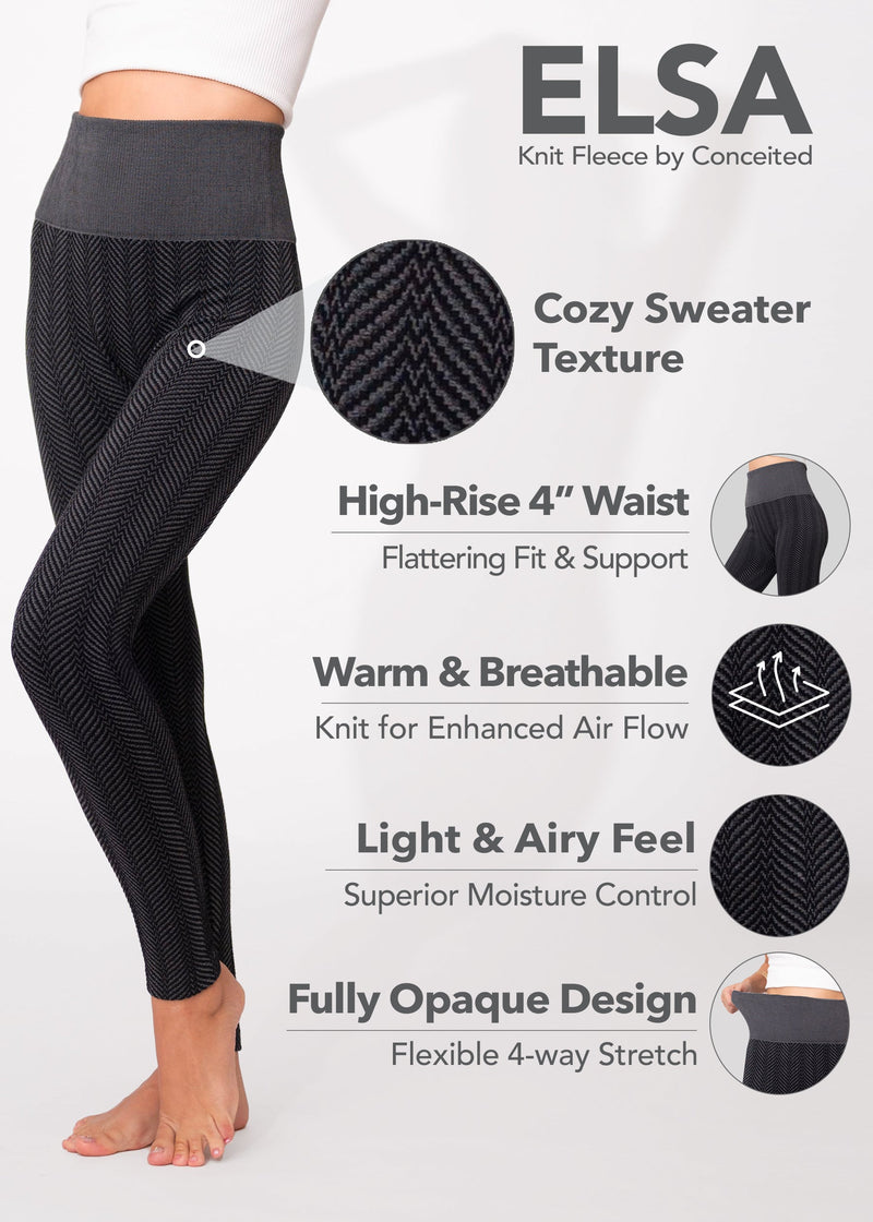 Elsa High Waisted Knit Fleece Lined Leggings - Winter Warm Leggings - Grey