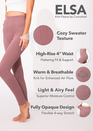 Elsa High Waisted Knit Fleece Lined Leggings - Winter Warm Leggings - Mauve
