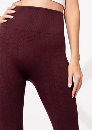Elsa High Waisted Knit Fleece Lined Leggings - Winter Warm Leggings - Wine