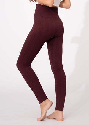 Elsa High Waisted Knit Fleece Lined Leggings - Winter Warm Leggings - Wine