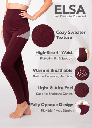 Elsa High Waisted Knit Fleece Lined Leggings - Winter Warm Leggings - Wine