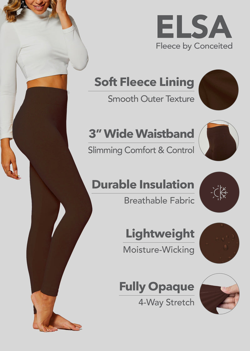 Elsa High Waisted Fleece Lined Leggings - Winter Warm Leggings - Brown