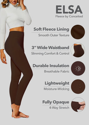 Elsa High Waisted Fleece Lined Leggings - Winter Warm Leggings - Brown
