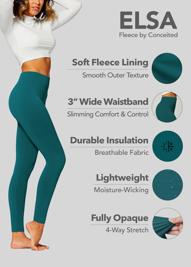 Elsa High Waisted Fleece Lined Leggings - Winter Warm Leggings - Hunter Green