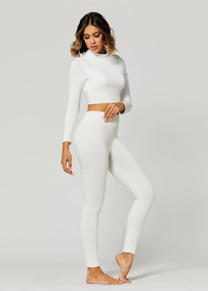 Elsa High Waisted Fleece Lined Leggings - Winter Warm Leggings - Off White