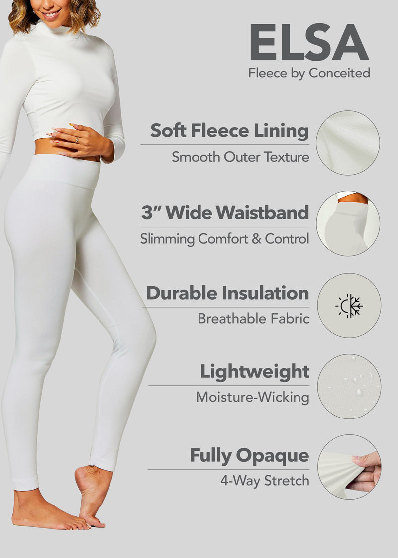 Elsa High Waisted Fleece Lined Leggings - Winter Warm Leggings - Off White