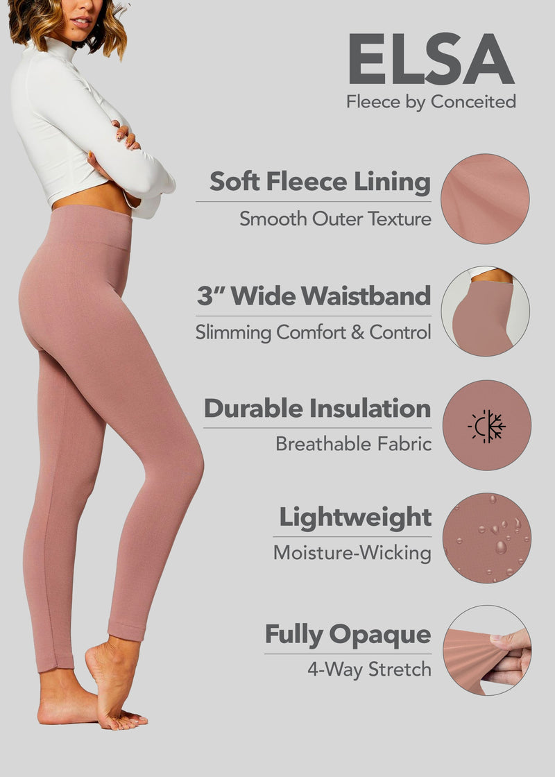 Elsa High Waisted Fleece Lined Leggings - Winter Warm Leggings - Mauve Pink