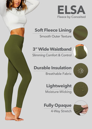 Elsa High Waisted Fleece Lined Leggings - Winter Warm Leggings - Olive Green