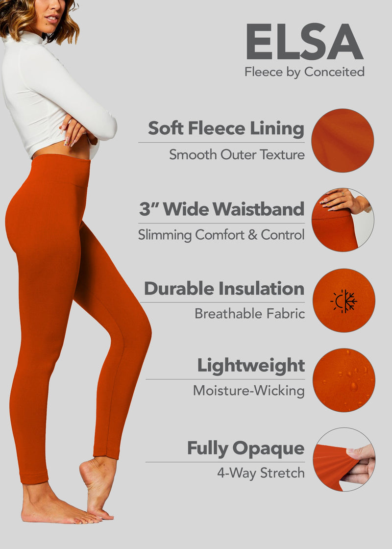 Elsa High Waisted Fleece Lined Leggings - Winter Warm Leggings - Rust Orange