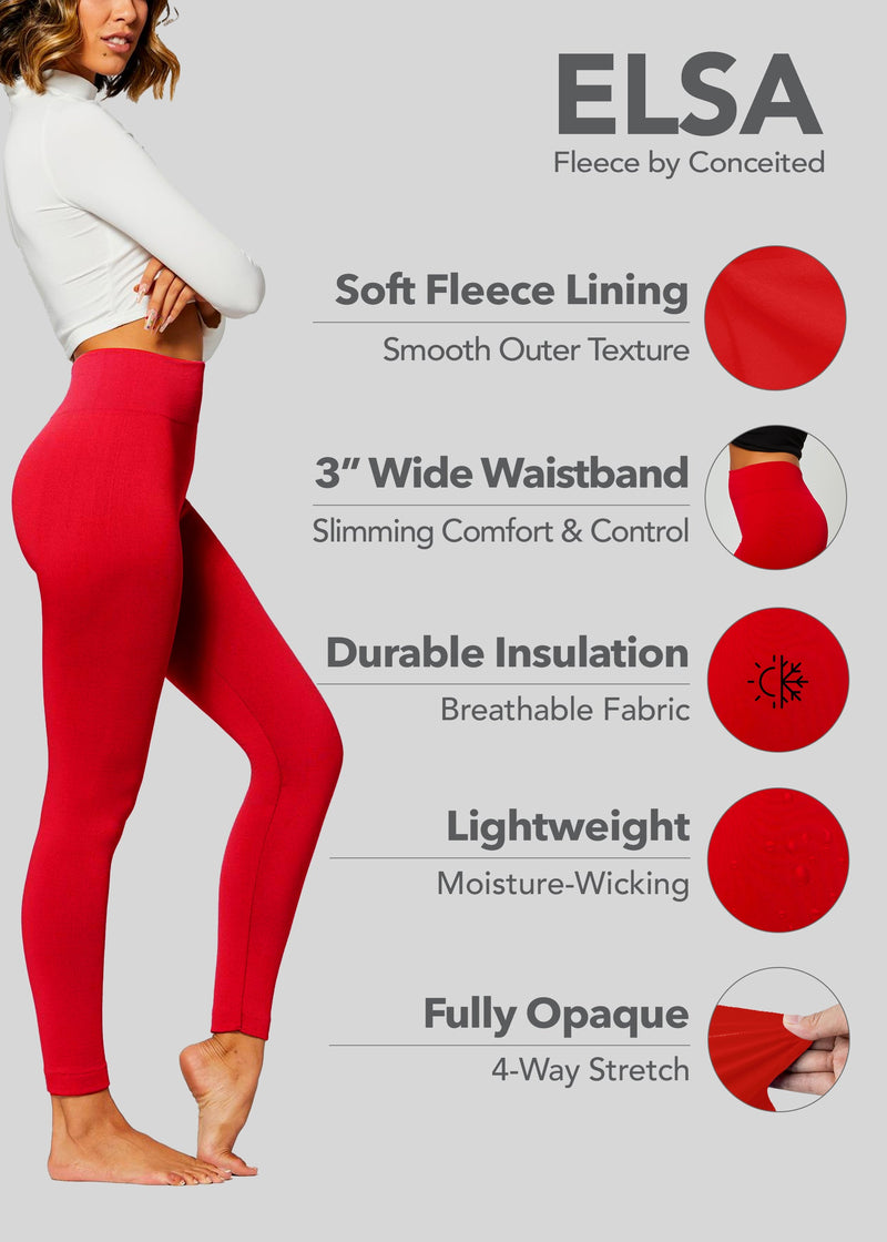 Elsa High Waisted Fleece Lined Leggings - Winter Warm Leggings - True Red