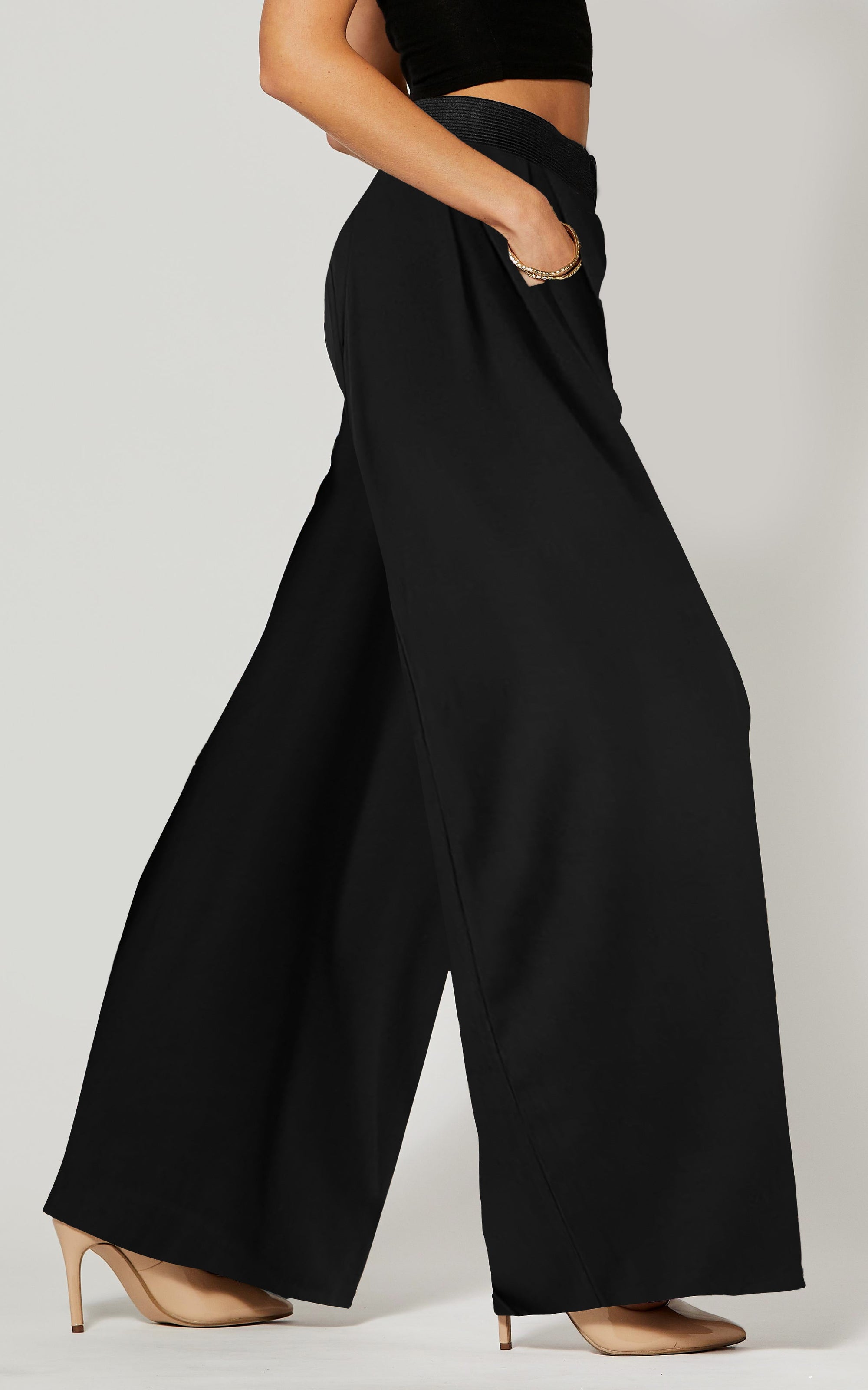 Daisy High-Waisted Wide Leg Palazzo Pants with Pockets - Solid Black