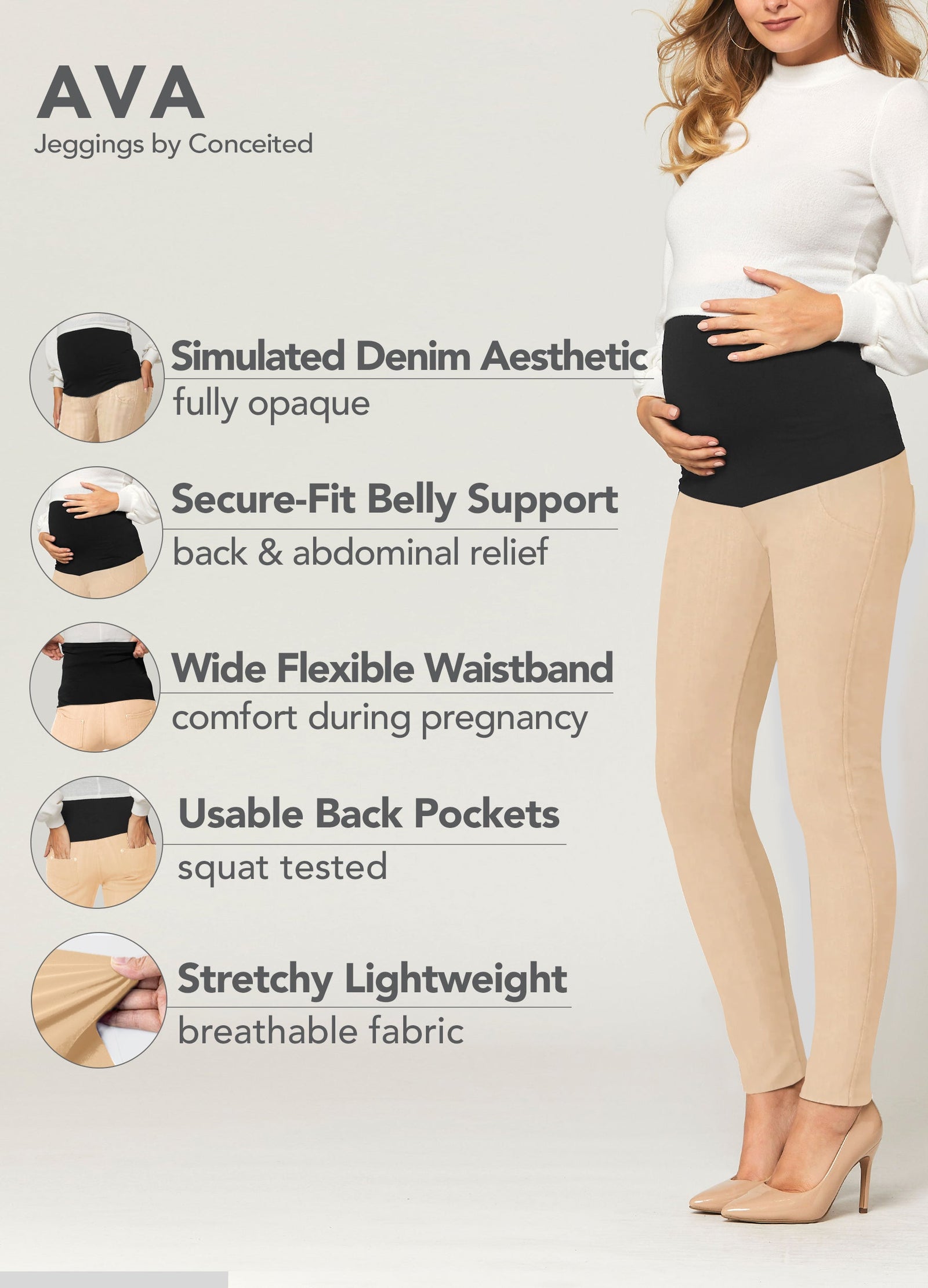 Ava Maternity Premium Stretch Everyday Jeggings - Beige Khaki