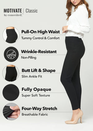 Motivate Classic High Waisted Perfect Stretch Ponte Pants - Black